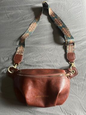Brown Leather Crossbody Belt Bag with Patterned Strap